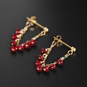 18K Gold Earrings with Ruby Beads | Modern Chain Dangle Earrings