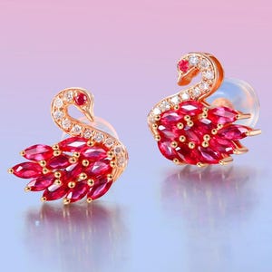 Swan Lake Natural Ruby Stud Earrings 18K Gold with Diamonds Graceful Oriental Gem Jewelry