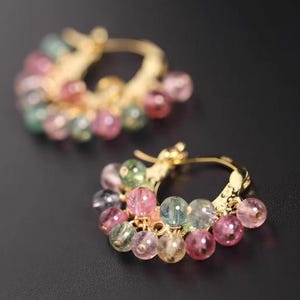 Multicolor Tourmaline Cluster 18k Gold Vermeil Earring | Gold-Plated Chain with Gemstone Beads Earring