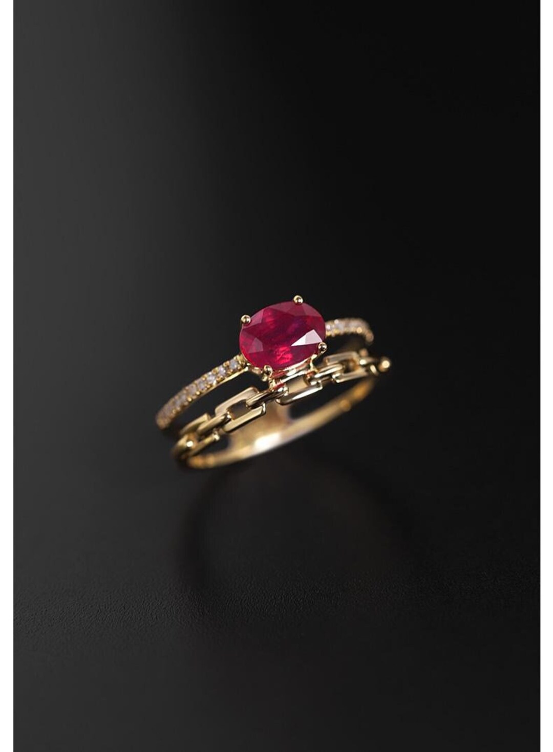 Handcrafted Ruby Ring | 18K Gold and Diamond Chain Band | Stackable ...