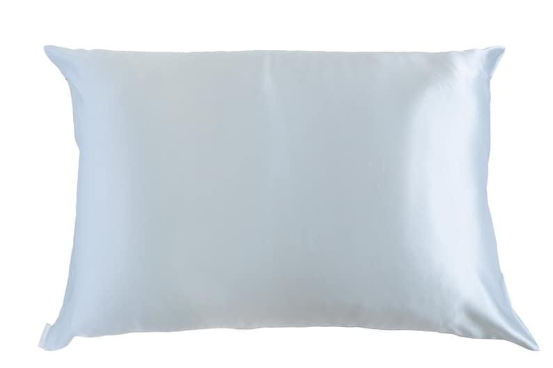 May include: A light blue satin pillowcase. The pillowcase is smooth and wrinkle-free.