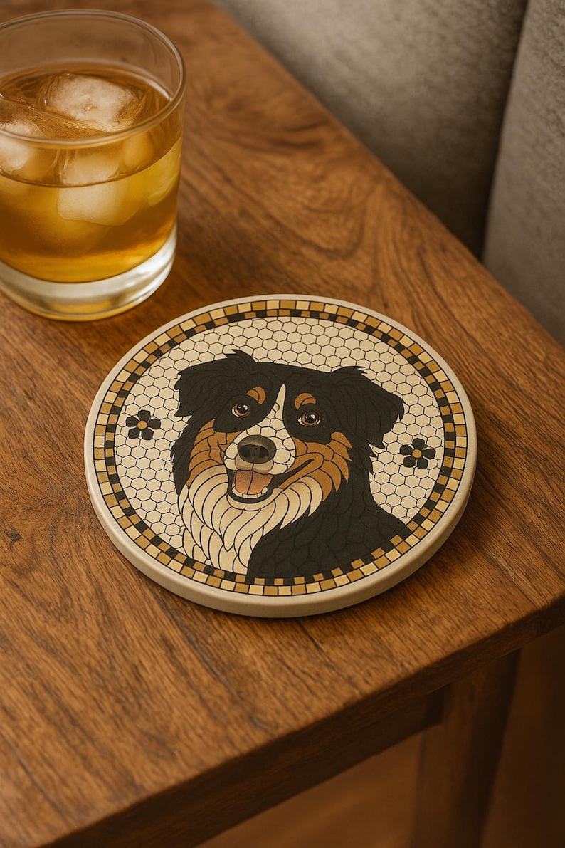 Australian Shepherd Mosaic Ceramic Coaster: Dog Lover Gift image 1