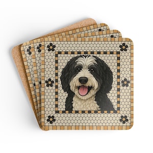 May include: Set of four square coasters. Each coaster features a smiling black and white dog portrait within a decorative tile pattern. The coasters have a cork backing for heat resistance and surface protection.