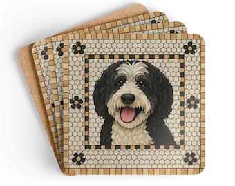 4pcs Black and White Bernedoodle Coasters: Bistro Tile Dog Decor