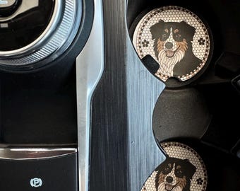 Soapstone Car Coasters: Black Tri Australian Shepherd Dog Design - Set of 2