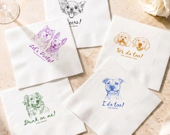 May include: Five white square paper napkins featuring various dog illustrations in different colours. Text includes Cheers, Bella; Let's Party, Love, Bailey & Lucy; We do too, Love, Cruzie & June; Drink on me, Love, Bailey; and I do too, Love, Bailey.