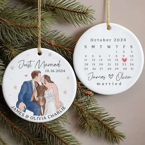 Custom Just Married Watercolor Portrait Line Art First Christmas Ornament, Family With Pets, Marriage Keepsake, Newly Married Couple