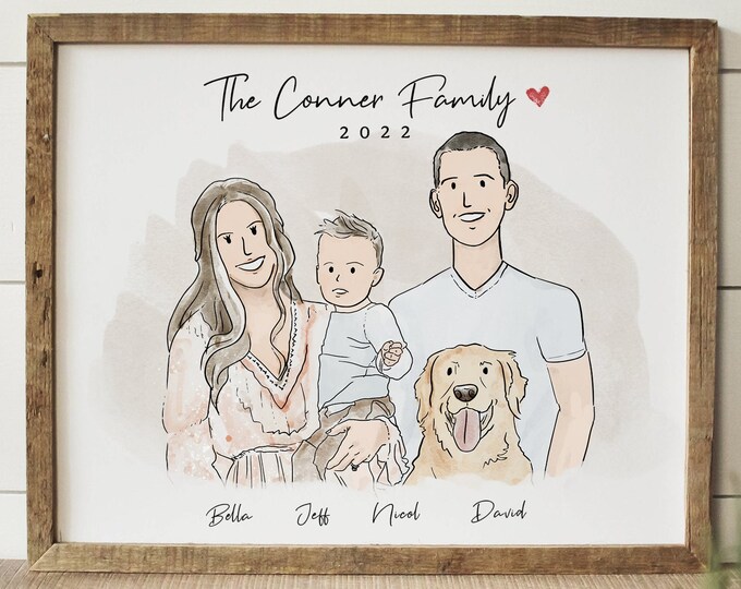 Custom Family Portrait with Pets, Personalized Family Wall Art Illustration, Mother Gift for Mom from Daughter, Mother's Day Gift
