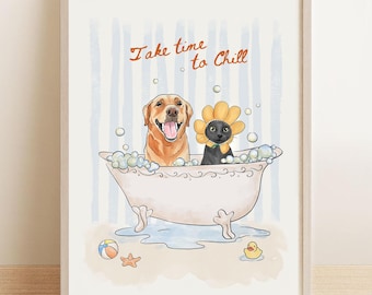 Custom Pet Portrait, Personalized Funny Bathroom Canvas Print, Dog Bathroom Art, Dog in Toilet, Pet in Bathtub Wall Art