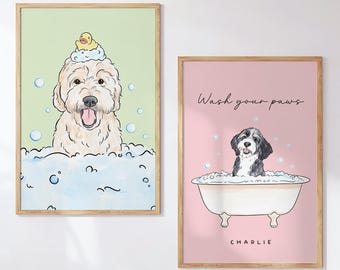 Retrato personalizado de mascota en el baño, acuarela para mascotas en el baño, lámina para perro en el baño, gato o perro gracioso en la bañera