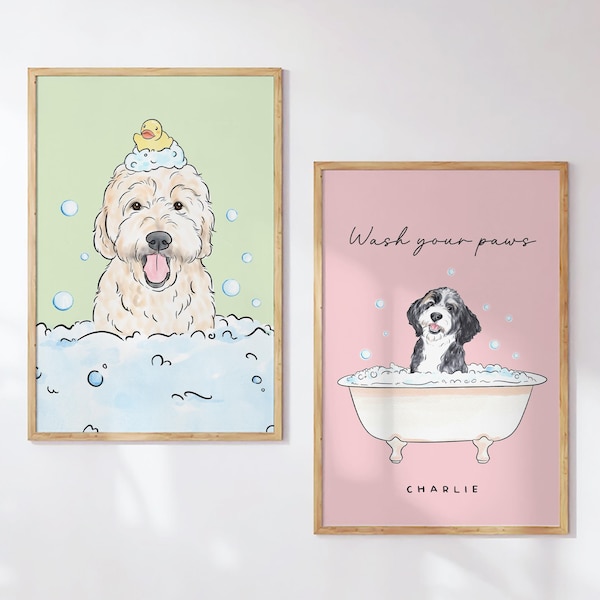 Custom Pet Portrait Bathroom, Watercolor Pet Bathroom Art, Dog Bathroom Print, Funny Cat or Dog in Bathtub