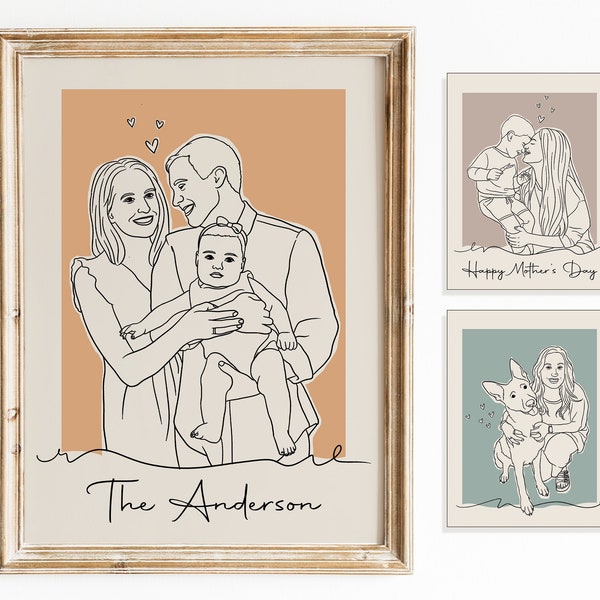 Custom Portrait From Photo, Custom Family Gift, Custom Couple Portrait, One Line Drawing, Personalized Wedding Anniversary Gift