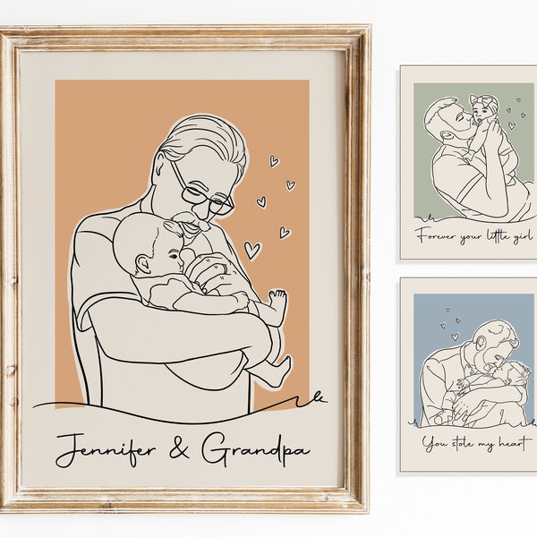 Custom Grandpa Portrait Gift, Grandpa and Kid Line Art Portrait from Photo, Fathers Day Gift for Grandpa, Gift for Grandpa from Grandkids