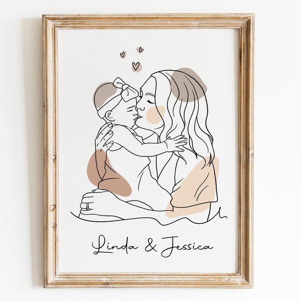 Custom Line Art Portrait, First Mom Line Art, Portraits From Photos, 1st Mother's Day Gift from Baby, Mommy Drawing From Photo, Mom Outline
