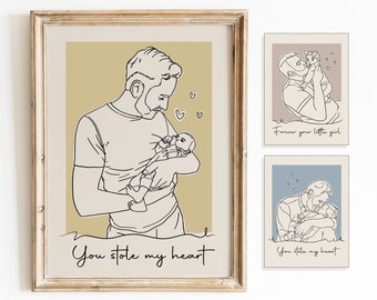 Puede incluir: Tres impresiones de arte de línea de un padre y un hijo enmarcadas. Las impresiones están en marcos beige, rosa y azul. El texto en las impresiones dice "You stole my heart" y "Forever your little girl".