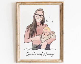Personalized Watercolor Portrait, Mom Watercolor Framed Wall Art, Mom and Toddler portrait, Mom & Daughter illustration, Mom Illustration