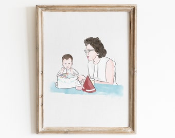 May include: A watercolor illustration of a woman and a child celebrating a birthday. The woman is wearing a white dress and glasses, and the child is wearing a blue shirt. They are both smiling and looking at a birthday cake with candles.