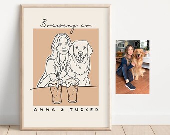 Custom Dog Mom Line Portrait, Custom From Photo, Mother's Day Gift, Dog Dad Gift, Custom Line Art, Drink Together, Custom Home Decor