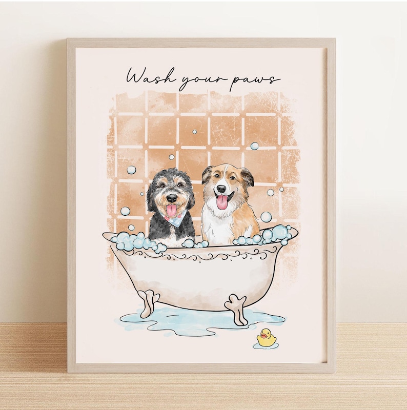 May include: A framed print featuring two dogs in a bathtub with bubbles. The dogs are a black and gray terrier mix and a brown and white Collie. The text "Wash your paws" is written above the dogs.