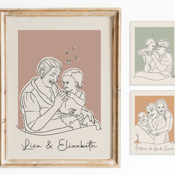 Dessin au trait personnalisé grand-mère et enfants à partir d'une photo, dessin grand-mère et enfants, portrait personnalisé de grand-mère, cadeau de grand-mère des enfants