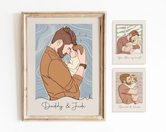 Retrato familiar personalizado, dibujo lineal del primer papá, dibujo lineal de padre e hijos, retrato personalizado