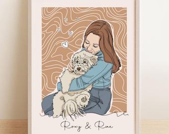 Puede incluir: Una impresión artística enmarcada con una ilustración lineal de una persona abrazando a un perro blanco y esponjoso. El fondo es marrón claro con un patrón ondulado y corazones. El texto "Roxy & Rae" está escrito en la parte inferior.