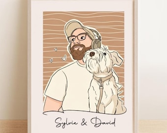 Retrato personalizado a partir de una foto, dibujo lineal de papá perro, retrato de dueño y mascota, arte mural a partir de tu foto, regalo para amantes de las mascotas