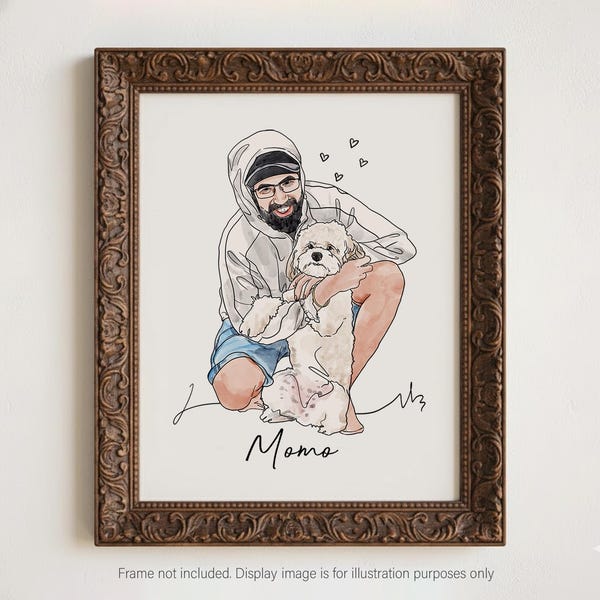 Custom Portrait from Photo, Personalized Watercolor Portrait with Pet, Owner and Pet Illustration, Portrait Gift for Pet Owner