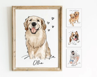 Custom Dog Portrait From Photo, Dog Line Art Watercolor, Funny Dog Art, Dog Drawing, Custom Dog Wall Art, Dog Owner Gift, Dog Art, Cat Art