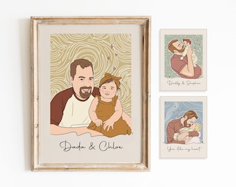 Retrato personalizado a partir de una foto, Retrato personalizado para el abuelo, Dibujo lineal de los abuelos, Arte mural familiar