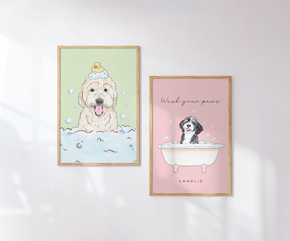 Custom Pet Portrait Bathroom, Watercolor Pet Bathroom Art, Dog Bathroom Print, Funny Cat or Dog in Bathtub