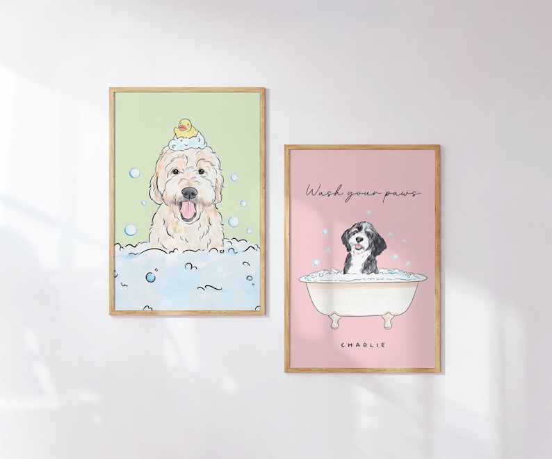 Custom Pet Portrait Bathroom, Watercolor Pet Bathroom Art, Dog Bathroom Print, Funny Cat or Dog in Bathtub image 1