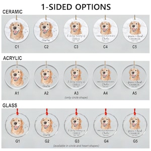 May include: A collection of round ceramic, acrylic, and glass ornaments featuring a golden retriever illustration. The designs include the name Charlie, dates 2018-2025, and phrases like In loving memory, Forever in our hearts, and forever loved, labeled C1-C5, A1-A5, and G1-G5.