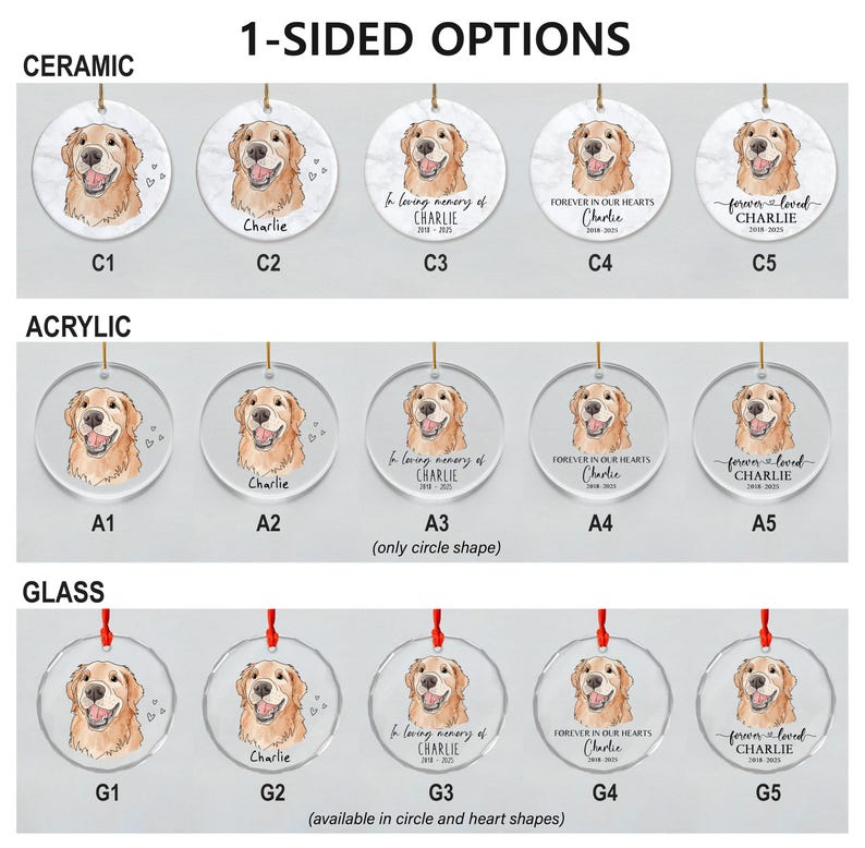 May include: A collection of round ceramic, acrylic, and glass ornaments featuring a golden retriever illustration. The designs include the name Charlie, dates 2018-2025, and phrases like In loving memory, Forever in our hearts, and forever loved, labeled C1-C5, A1-A5, and G1-G5.