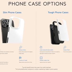 May include: Image showcasing phone case options: Slim and Tough. Slim cases feature a glossy white surface, while Tough cases offer a glossy finish. Both types are made of durable materials, with the Tough cases including a flexible rubber liner for impact absorption. Text on the image.