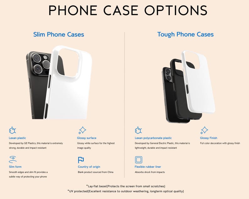May include: Image showcasing phone case options: Slim and Tough. Slim cases feature a glossy white surface, while Tough cases offer a glossy finish. Both types are made of durable materials, with the Tough cases including a flexible rubber liner for impact absorption. Text on the image.