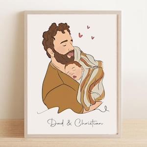 Custom Dad Drawing, First Dad And Baby Portrait from Photo, Father & Kid Line Art, Family Wall Art