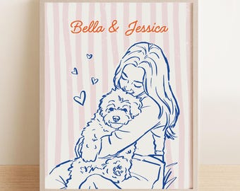 Custom Portrait with Pet, Personalized Dog Mom Portrait from Photo, Dog Cat Drawing, Pet Memorial Gift, Anniversary Gift for Him Her