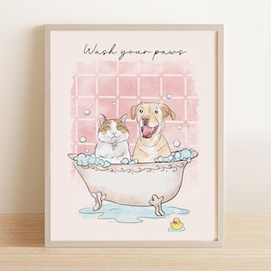 Dog Line Art In Bathtub, Custom Dog Portrait From Photo, Funny Bathroom Dog Art, Personalized Dog In Toilet Print, Pet Drawing In Bathtub