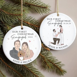 Custom First Christmas Engaged Watercolor Portrait Line Art Christmas Ornament, Family With Pets, Engagement Keepsake, Newly Engaged Couple
