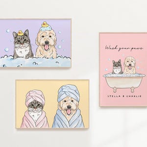 Custom Pet Portrait Bathroom, Watercolor Pet Bathroom Art, Dog Bathroom Print, Funny Cat or Dog in Bathtub image 3