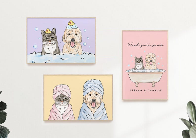 Custom Pet Portrait Bathroom, Watercolor Pet Bathroom Art, Dog Bathroom Print, Funny Cat or Dog in Bathtub image 3