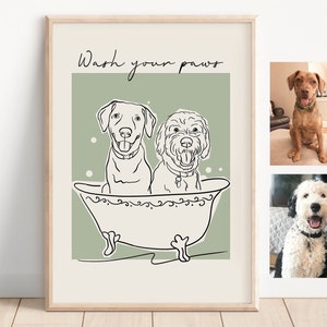 Dog Line Art In Bathtub, Custom Dog Portrait From Photo, Funny Bathroom Dog Art, Personalized Dog In Toilet Print, Pet Drawing In Bathtub