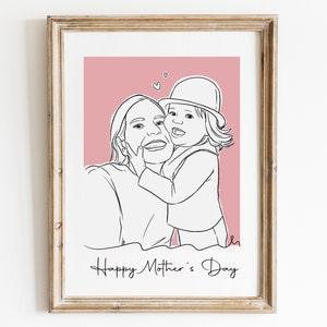 Custom Line Art Portrait from Photo, Mom & Daughter illustration, Personalized Portrait, Mothers Day Gift, Mom and Son, Art Gift for Mom image 2