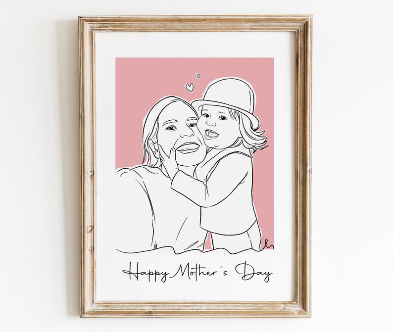 Custom Line Art Portrait from Photo, Mom & Daughter illustration, Personalized Portrait, Mothers Day Gift, Mom and Son, Art Gift for Mom image 2