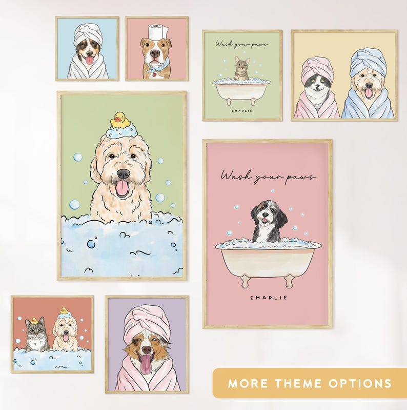 Custom Pet Portrait Bathroom, Watercolor Pet Bathroom Art, Dog Bathroom Print, Funny Cat or Dog in Bathtub image 2