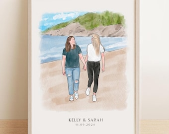 Pintura personalizada a partir de una foto, Retrato de tu mejor amiga con foto, Retrato de hermanas en acuarela, Regalo personalizado para amigas, Regalo de amistad
