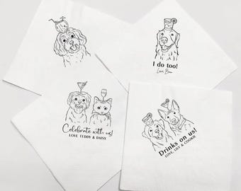 Puede incluir: Cuatro servilletas de papel blancas con dibujos lineales negros de perros y un gato, cada uno con una guarnición de cóctel. El texto incluye "Celebrate with us!", "I do too!", y "Drinks on us!"