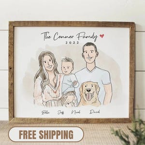 Custom Family Portrait with Pets, Personalized Family Wall Art Illustration, Family Drawing from Photo, Engaged Watercolor Poster