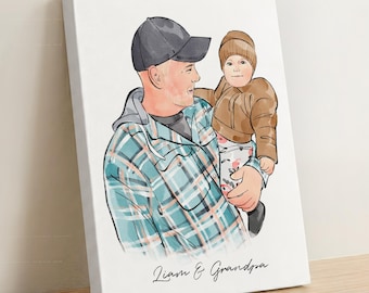 May include: Watercolor portrait on canvas of a man holding a child. The man wears a plaid shirt, a gray hoodie, and a black cap. The child is in a brown jacket and hat. The text "Liam & Grandpa" is at the bottom.